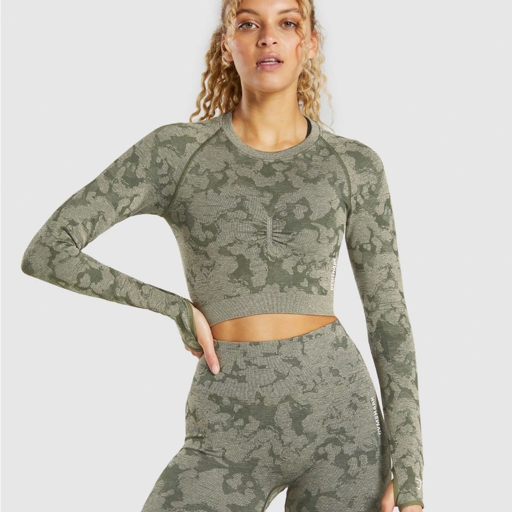 Gymshark Olive Camo Seamless Long Sleeve Crop Top